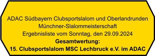 ADAC Südbayern Clubsportslalom und Oberlandrunden Münchner-Slalommeisterschaft Ergebnisliste vom Sonntag, den 29.09.2024 Gesamtwertung:15. Clubsportslalom MSC Lechbruck e.V. im ADAC