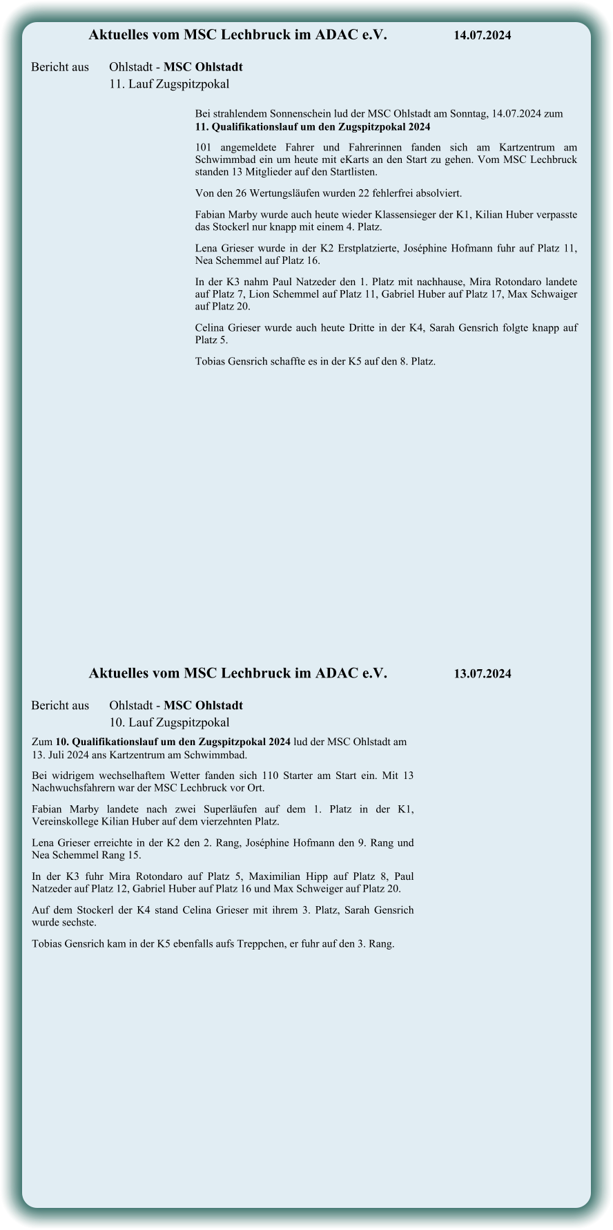 Bei strahlendem Sonnenschein lud der MSC Ohlstadt am Sonntag, 14.07.2024 zum 11. Qualifikationslauf um den Zugspitzpokal 2024 101 angemeldete Fahrer und Fahrerinnen fanden sich am Kartzentrum am Schwimmbad ein um heute mit eKarts an den Start zu gehen. Vom MSC Lechbruck standen 13 Mitglieder auf den Startlisten. Von den 26 Wertungsläufen wurden 22 fehlerfrei absolviert. Fabian Marby wurde auch heute wieder Klassensieger der K1, Kilian Huber verpasste das Stockerl nur knapp mit einem 4. Platz. Lena Grieser wurde in der K2 Erstplatzierte, Joséphine Hofmann fuhr auf Platz 11, Nea Schemmel auf Platz 16. In der K3 nahm Paul Natzeder den 1. Platz mit nachhause, Mira Rotondaro landete auf Platz 7, Lion Schemmel auf Platz 11, Gabriel Huber auf Platz 17, Max Schwaiger auf Platz 20. Celina Grieser wurde auch heute Dritte in der K4, Sarah Gensrich folgte knapp auf Platz 5. Tobias Gensrich schaffte es in der K5 auf den 8. Platz.      Aktuelles vom MSC Lechbruck im ADAC e.V.			14.07.2024   Bericht aus 	Ohlstadt - MSC Ohlstadt 11. Lauf Zugspitzpokal Zum 10. Qualifikationslauf um den Zugspitzpokal 2024 lud der MSC Ohlstadt am 13. Juli 2024 ans Kartzentrum am Schwimmbad. Bei widrigem wechselhaftem Wetter fanden sich 110 Starter am Start ein. Mit 13 Nachwuchsfahrern war der MSC Lechbruck vor Ort. Fabian Marby landete nach zwei Superläufen auf dem 1. Platz in der K1, Vereinskollege Kilian Huber auf dem vierzehnten Platz. Lena Grieser erreichte in der K2 den 2. Rang, Joséphine Hofmann den 9. Rang und Nea Schemmel Rang 15. In der K3 fuhr Mira Rotondaro auf Platz 5, Maximilian Hipp auf Platz 8, Paul Natzeder auf Platz 12, Gabriel Huber auf Platz 16 und Max Schweiger auf Platz 20. Auf dem Stockerl der K4 stand Celina Grieser mit ihrem 3. Platz, Sarah Gensrich wurde sechste. Tobias Gensrich kam in der K5 ebenfalls aufs Treppchen, er fuhr auf den 3. Rang.     Aktuelles vom MSC Lechbruck im ADAC e.V.			13.07.2024   Bericht aus 	Ohlstadt - MSC Ohlstadt 10. Lauf Zugspitzpokal
