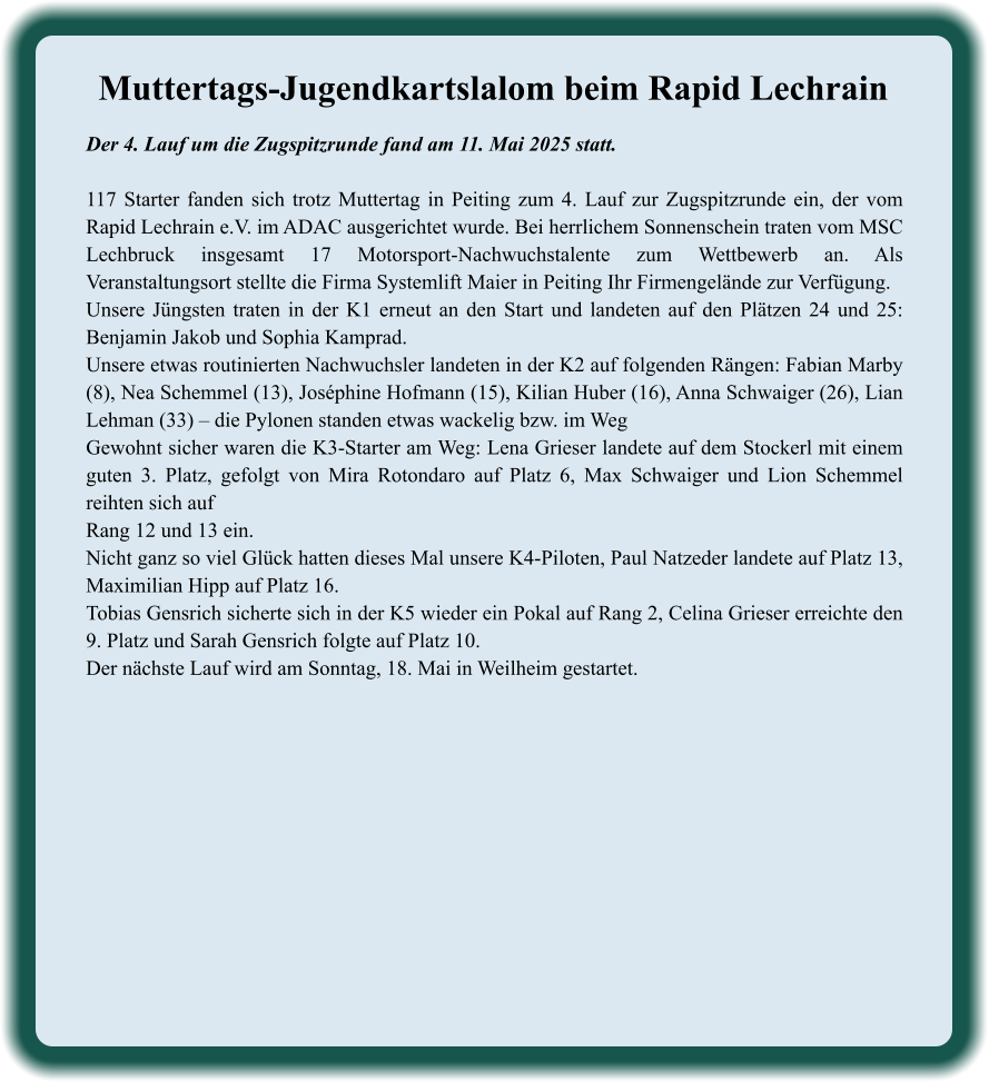 Der 4. Lauf um die Zugspitzrunde fand am 11. Mai 2025 statt. 117 Starter fanden sich trotz Muttertag in Peiting zum 4. Lauf zur Zugspitzrunde ein, der vom Rapid Lechrain e.V. im ADAC ausgerichtet wurde. Bei herrlichem Sonnenschein traten vom MSC Lechbruck insgesamt 17 Motorsport-Nachwuchstalente zum Wettbewerb an. Als Veranstaltungsort stellte die Firma Systemlift Maier in Peiting Ihr Firmengelände zur Verfügung.  Unsere Jüngsten traten in der K1 erneut an den Start und landeten auf den Plätzen 24 und 25: Benjamin Jakob und Sophia Kamprad. Unsere etwas routinierten Nachwuchsler landeten in der K2 auf folgenden Rängen: Fabian Marby (8), Nea Schemmel (13), Joséphine Hofmann (15), Kilian Huber (16), Anna Schwaiger (26), Lian Lehman (33) – die Pylonen standen etwas wackelig bzw. im Weg   Gewohnt sicher waren die K3-Starter am Weg: Lena Grieser landete auf dem Stockerl mit einem guten 3. Platz, gefolgt von Mira Rotondaro auf Platz 6, Max Schwaiger und Lion Schemmel reihten sich aufRang 12 und 13 ein. Nicht ganz so viel Glück hatten dieses Mal unsere K4-Piloten, Paul Natzeder landete auf Platz 13, Maximilian Hipp auf Platz 16. Tobias Gensrich sicherte sich in der K5 wieder ein Pokal auf Rang 2, Celina Grieser erreichte den 9. Platz und Sarah Gensrich folgte auf Platz 10. Der nächste Lauf wird am Sonntag, 18. Mai in Weilheim gestartet.  Muttertags-Jugendkartslalom beim Rapid Lechrain