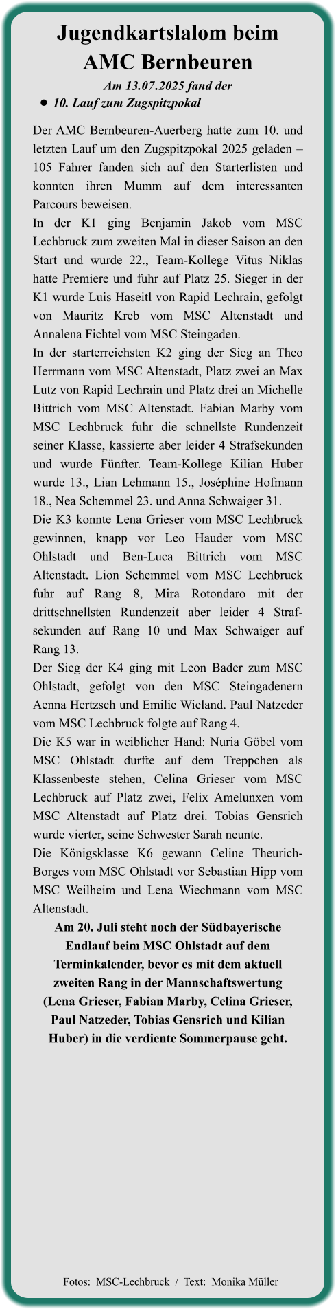 Der AMC Bernbeuren-Auerberg hatte zum 10. und letzten Lauf um den Zugspitzpokal 2025 geladen – 105 Fahrer fanden sich auf den Starterlisten und konnten ihren Mumm auf dem interessanten Parcours beweisen. In der K1 ging Benjamin Jakob vom MSC Lechbruck zum zweiten Mal in dieser Saison an den Start und wurde 22., Team-Kollege Vitus Niklas hatte Premiere und fuhr auf Platz 25. Sieger in der K1 wurde Luis Haseitl von Rapid Lechrain, gefolgt von Mauritz Kreb vom MSC Altenstadt und Annalena Fichtel vom MSC Steingaden. In der starterreichsten K2 ging der Sieg an Theo Herrmann vom MSC Altenstadt, Platz zwei an Max Lutz von Rapid Lechrain und Platz drei an Michelle Bittrich vom MSC Altenstadt. Fabian Marby vom MSC Lechbruck fuhr die schnellste Rundenzeit seiner Klasse, kassierte aber leider 4 Strafsekunden und wurde Fünfter. Team-Kollege Kilian Huber wurde 13., Lian Lehmann 15., Joséphine Hofmann 18., Nea Schemmel 23. und Anna Schwaiger 31. Die K3 konnte Lena Grieser vom MSC Lechbruck gewinnen, knapp vor Leo Hauder vom MSC Ohlstadt und Ben-Luca Bittrich vom MSC Altenstadt. Lion Schemmel vom MSC Lechbruck fuhr auf Rang 8, Mira Rotondaro mit der drittschnellsten Rundenzeit aber leider 4 Straf-sekunden auf Rang 10 und Max Schwaiger auf Rang 13. Der Sieg der K4 ging mit Leon Bader zum MSC Ohlstadt, gefolgt von den MSC Steingadenern Aenna Hertzsch und Emilie Wieland. Paul Natzeder vom MSC Lechbruck folgte auf Rang 4. Die K5 war in weiblicher Hand: Nuria Göbel vom MSC Ohlstadt durfte auf dem Treppchen als Klassenbeste stehen, Celina Grieser vom MSC Lechbruck auf Platz zwei, Felix Amelunxen vom MSC Altenstadt auf Platz drei. Tobias Gensrich wurde vierter, seine Schwester Sarah neunte. Die Königsklasse K6 gewann Celine Theurich-Borges vom MSC Ohlstadt vor Sebastian Hipp vom MSC Weilheim und Lena Wiechmann vom MSC Altenstadt. Am 20. Juli steht noch der Südbayerische Endlauf beim MSC Ohlstadt auf dem Terminkalender, bevor es mit dem aktuell zweiten Rang in der Mannschaftswertung  (Lena Grieser, Fabian Marby, Celina Grieser, Paul Natzeder, Tobias Gensrich und Kilian Huber) in die verdiente Sommerpause geht.     Am 13.07	.2025 fand der •	10. Lauf zum Zugspitzpokal Jugendkartslalom beimAMC Bernbeuren   Fotos:  MSC-Lechbruck  /  Text:  Monika Müller