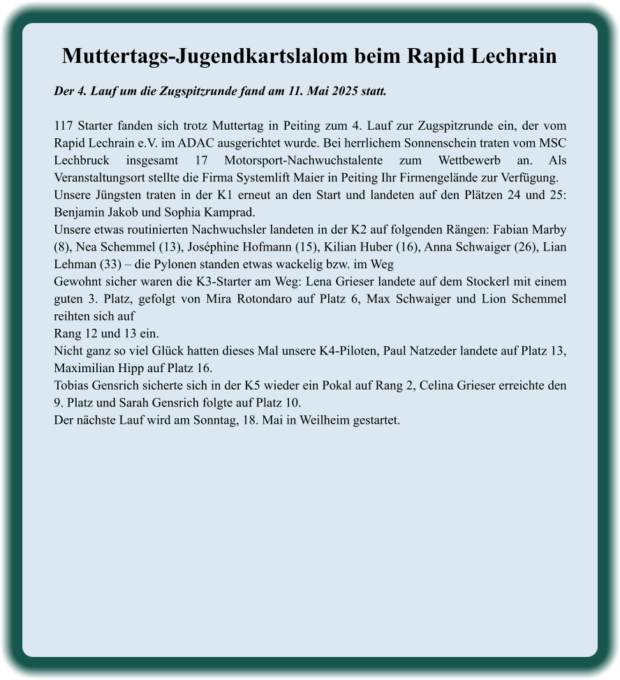 Der 4. Lauf um die Zugspitzrunde fand am 11. Mai 2025 statt. 117 Starter fanden sich trotz Muttertag in Peiting zum 4. Lauf zur Zugspitzrunde ein, der vom Rapid Lechrain e.V. im ADAC ausgerichtet wurde. Bei herrlichem Sonnenschein traten vom MSC Lechbruck insgesamt 17 Motorsport-Nachwuchstalente zum Wettbewerb an. Als Veranstaltungsort stellte die Firma Systemlift Maier in Peiting Ihr Firmengelände zur Verfügung.  Unsere Jüngsten traten in der K1 erneut an den Start und landeten auf den Plätzen 24 und 25: Benjamin Jakob und Sophia Kamprad. Unsere etwas routinierten Nachwuchsler landeten in der K2 auf folgenden Rängen: Fabian Marby (8), Nea Schemmel (13), Joséphine Hofmann (15), Kilian Huber (16), Anna Schwaiger (26), Lian Lehman (33) – die Pylonen standen etwas wackelig bzw. im Weg   Gewohnt sicher waren die K3-Starter am Weg: Lena Grieser landete auf dem Stockerl mit einem guten 3. Platz, gefolgt von Mira Rotondaro auf Platz 6, Max Schwaiger und Lion Schemmel reihten sich aufRang 12 und 13 ein. Nicht ganz so viel Glück hatten dieses Mal unsere K4-Piloten, Paul Natzeder landete auf Platz 13, Maximilian Hipp auf Platz 16. Tobias Gensrich sicherte sich in der K5 wieder ein Pokal auf Rang 2, Celina Grieser erreichte den 9. Platz und Sarah Gensrich folgte auf Platz 10. Der nächste Lauf wird am Sonntag, 18. Mai in Weilheim gestartet.  Muttertags-Jugendkartslalom beim Rapid Lechrain