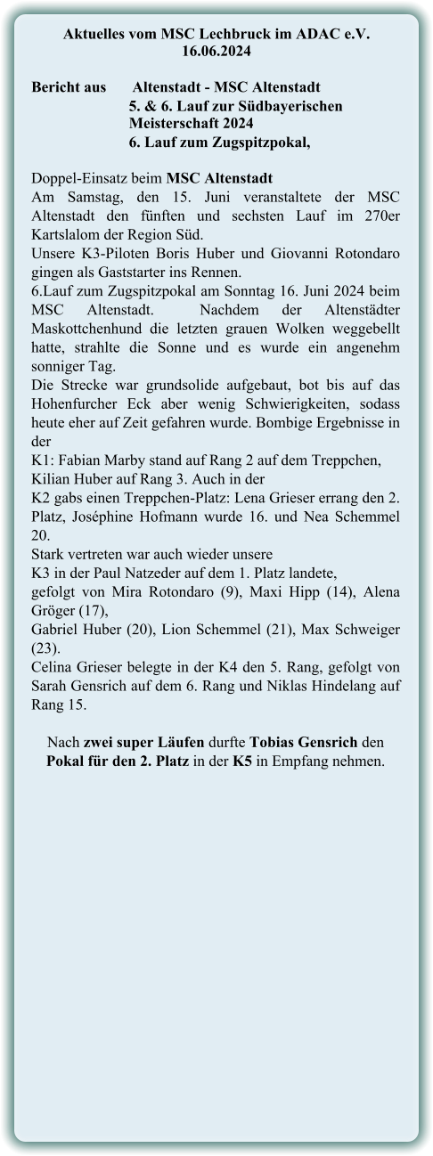 Doppel-Einsatz beim MSC Altenstadt Am Samstag, den 15. Juni veranstaltete der MSC Altenstadt den fünften und sechsten Lauf im 270er Kartslalom der Region Süd.  Unsere K3-Piloten Boris Huber und Giovanni Rotondaro gingen als Gaststarter ins Rennen. 6.Lauf zum Zugspitzpokal am Sonntag 16. Juni 2024 beim MSC Altenstadt.  Nachdem der Altenstädter Maskottchenhund die letzten grauen Wolken weggebellt hatte, strahlte die Sonne und es wurde ein angenehm sonniger Tag.  Die Strecke war grundsolide aufgebaut, bot bis auf das Hohenfurcher Eck aber wenig Schwierigkeiten, sodass heute eher auf Zeit gefahren wurde. Bombige Ergebnisse in der  K1: Fabian Marby stand auf Rang 2 auf dem Treppchen,  Kilian Huber auf Rang 3. Auch in der  K2 gabs einen Treppchen-Platz: Lena Grieser errang den 2. Platz, Joséphine Hofmann wurde 16. und Nea Schemmel 20. Stark vertreten war auch wieder unsere  K3 in der Paul Natzeder auf dem 1. Platz landete,  gefolgt von Mira Rotondaro (9), Maxi Hipp (14), Alena Gröger (17),  Gabriel Huber (20), Lion Schemmel (21), Max Schweiger (23).  Celina Grieser belegte in der K4 den 5. Rang, gefolgt von Sarah Gensrich auf dem 6. Rang und Niklas Hindelang auf Rang 15.  Nach zwei super Läufen durfte Tobias Gensrich den Pokal für den 2. Platz in der K5 in Empfang nehmen. Aktuelles vom MSC Lechbruck im ADAC e.V. 16.06.2024   Bericht aus 	Altenstadt - MSC Altenstadt 5. & 6. Lauf zur Südbayerischen Meisterschaft 2024 6. Lauf zum Zugspitzpokal,