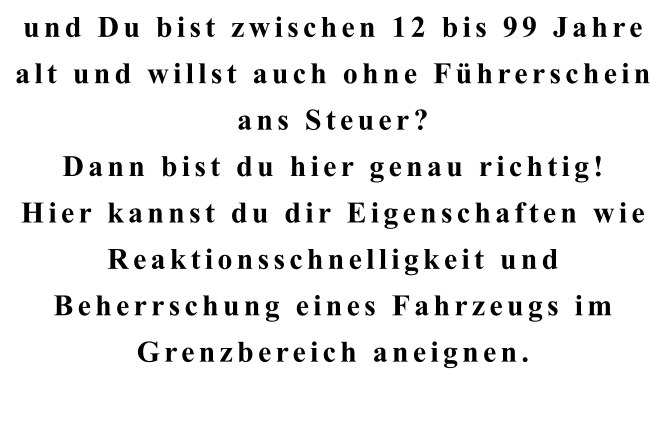 und Du bist zwischen 12 bis 99 Jahre alt und willst auch ohne Führerschein ans Steuer? Dann bist du hier genau richtig! Hier kannst du dir Eigenschaften wie Reaktionsschnelligkeit und Beherrschung eines Fahrzeugs im Grenzbereich aneignen.