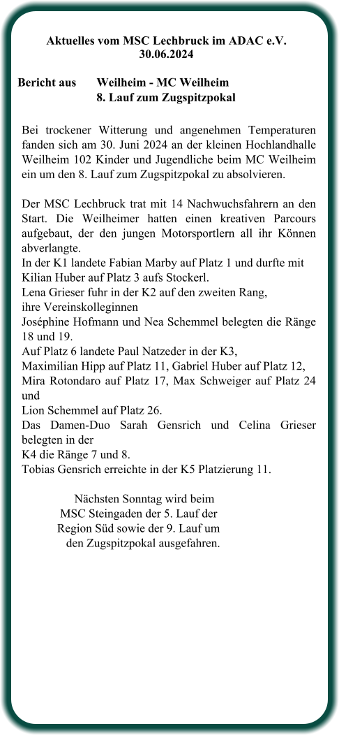 Bei trockener Witterung und angenehmen Temperaturen fanden sich am 30. Juni 2024 an der kleinen Hochlandhalle Weilheim 102 Kinder und Jugendliche beim MC Weilheim ein um den 8. Lauf zum Zugspitzpokal zu absolvieren.  Der MSC Lechbruck trat mit 14 Nachwuchsfahrern an den Start. Die Weilheimer hatten einen kreativen Parcours aufgebaut, der den jungen Motorsportlern all ihr Können abverlangte.  In der K1 landete Fabian Marby auf Platz 1 und durfte mit  Kilian Huber auf Platz 3 aufs Stockerl. Lena Grieser fuhr in der K2 auf den zweiten Rang,  ihre Vereinskolleginnen  Joséphine Hofmann und Nea Schemmel belegten die Ränge 18 und 19. Auf Platz 6 landete Paul Natzeder in der K3,  Maximilian Hipp auf Platz 11, Gabriel Huber auf Platz 12,  Mira Rotondaro auf Platz 17, Max Schweiger auf Platz 24 und  Lion Schemmel auf Platz 26.  Das Damen-Duo Sarah Gensrich und Celina Grieser belegten in der K4 die Ränge 7 und 8.  Tobias Gensrich erreichte in der K5 Platzierung 11.  Nächsten Sonntag wird beim      MSC Steingaden der 5. Lauf der    Region Süd sowie der 9. Lauf um       den Zugspitzpokal ausgefahren.   Aktuelles vom MSC Lechbruck im ADAC e.V. 30.06.2024   Bericht aus 	Weilheim - MC Weilheim 8. Lauf zum Zugspitzpokal
